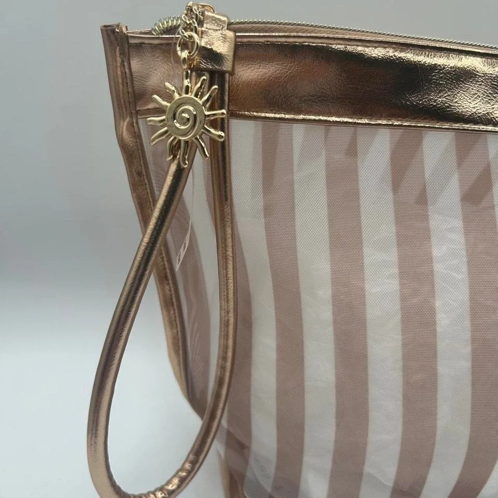 NWT Victoria's Secret Stripe Clear Cosmetic Bag Rose Gold Metallic Makeup Pouch